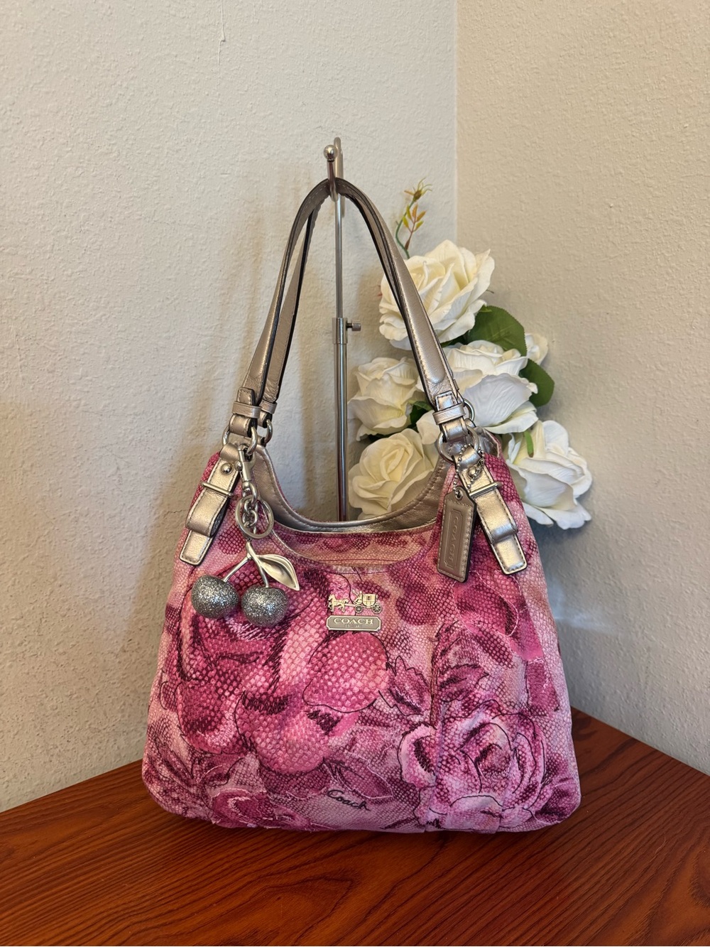 Rare Coach Pink Floral Shoulder Bag with Silver Accents